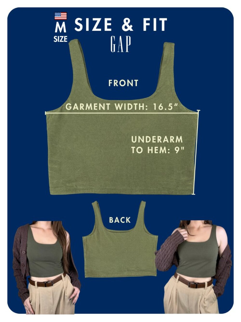 GAP Olive Night Cropped Square Neck Tank Top - Size M - Picture 3 of 8